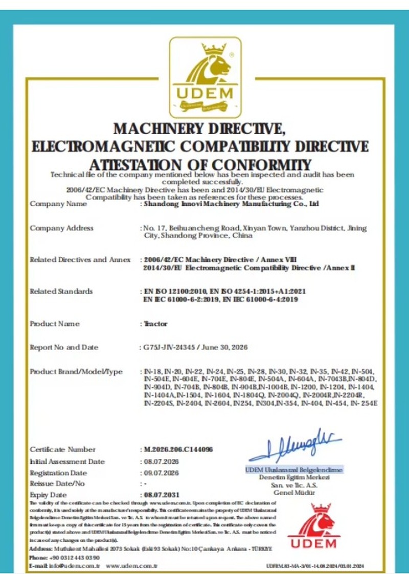 CE certificate for Innovi tractor series